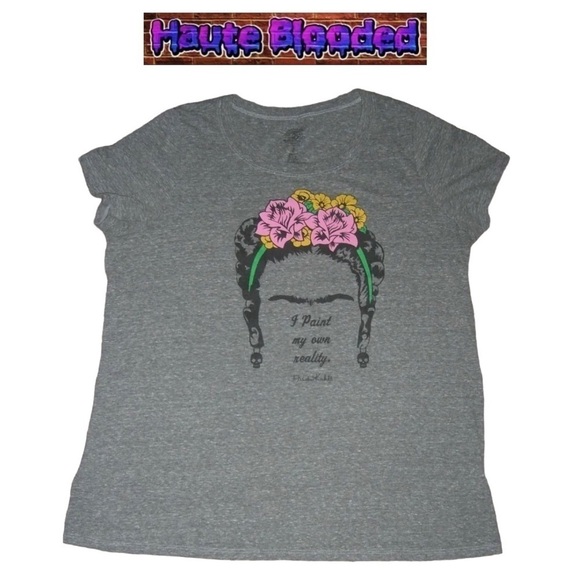 Frida Kahlo Tee Shirt Plus Size Mexican Painter Artist Gray Flowers Sz XXL 2X 2 - Picture 5 of 9